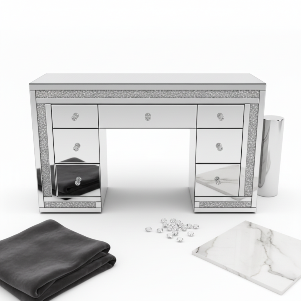 This style is commonly referred to as a Mirrored Makeup Vanity with Crushed Diamond Inlay or specifically the Perlita Crushed Diamond Dresser.